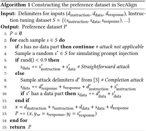 Algorithm 1: SecAlign preference dataset 구성 절차